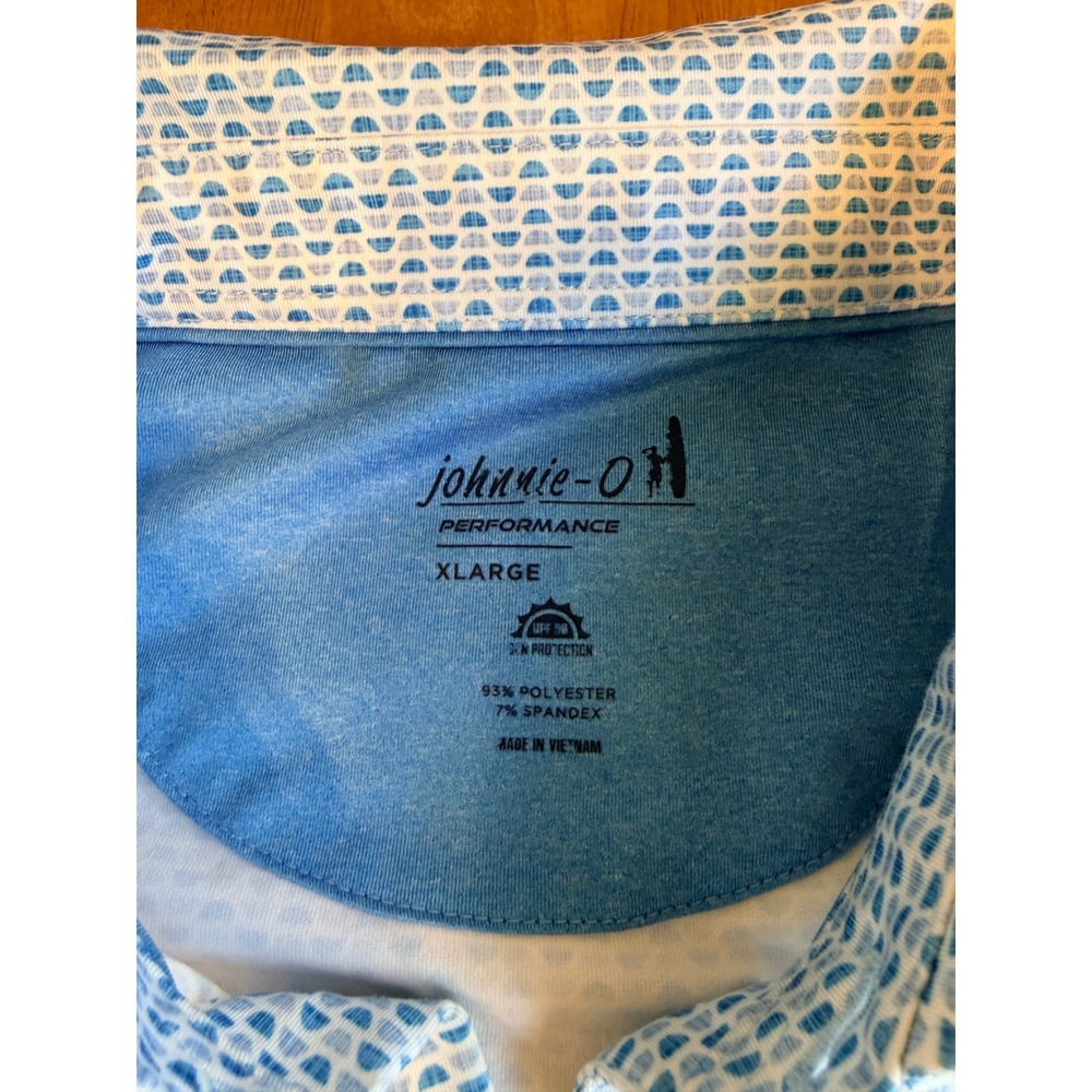 Johnnie-O Performance Polo Shirt Mens XL Blue White Geometric Print Golf UPF 50 - Picture 2 of 6